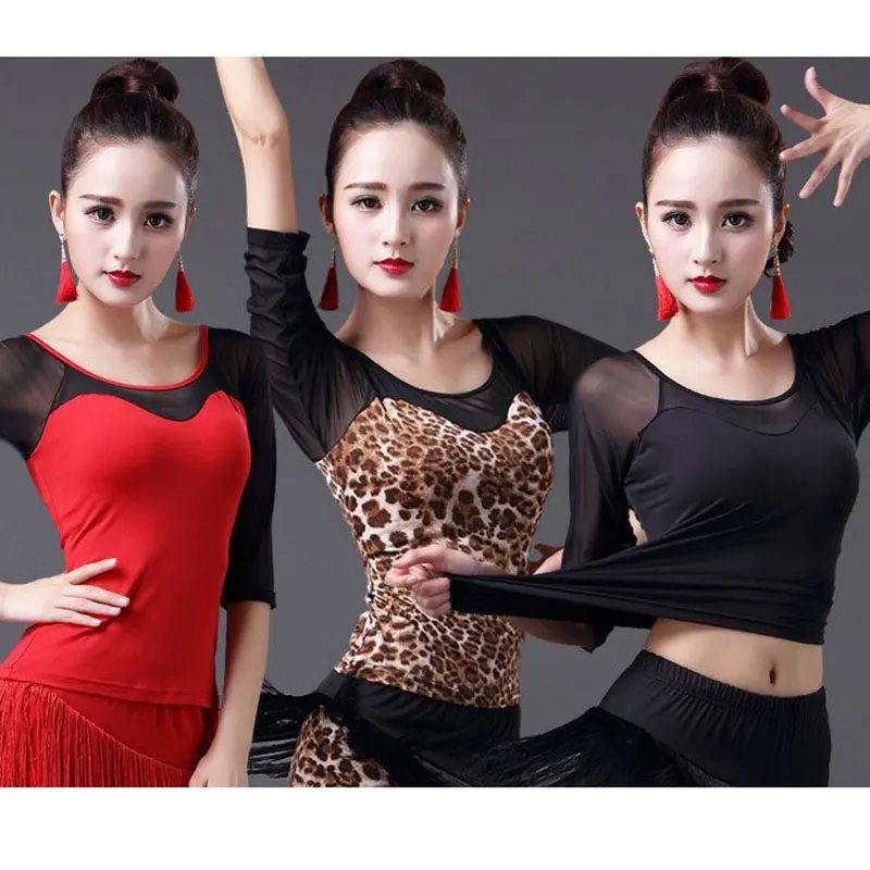 Новый топ для латинских танцев женская сетчатая марлевая рубашка с леопардовым