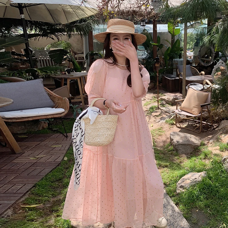 

9509 Summer Sweet Lovely Chiffon Maternity Long Dress Chic Ins Loose Straight Beach Holiday Clothes for Pregnant Women Pregnancy