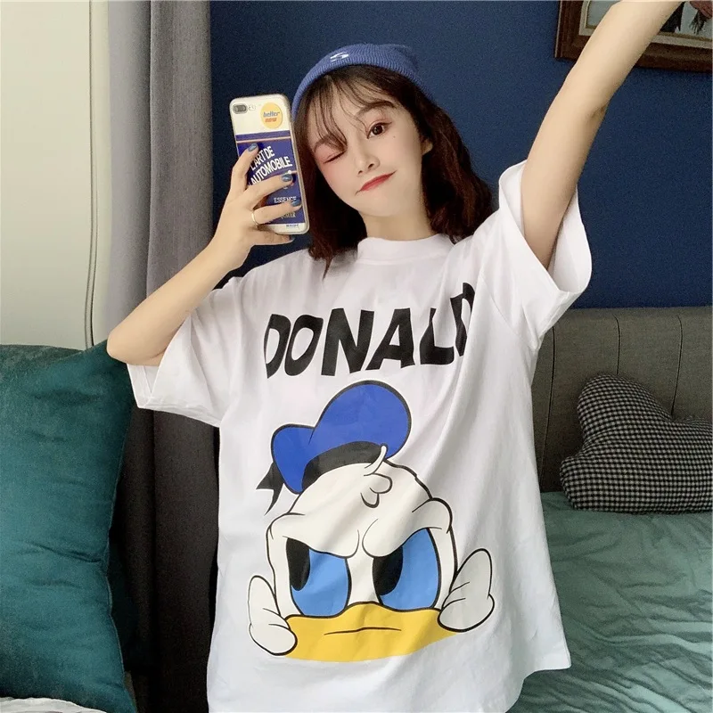 

Donald Duck T-shirt Women's Summer Fashion New Alphabet Cartoon Print Short-sleeved Mid-length Loose Round Neck Top T-shirt