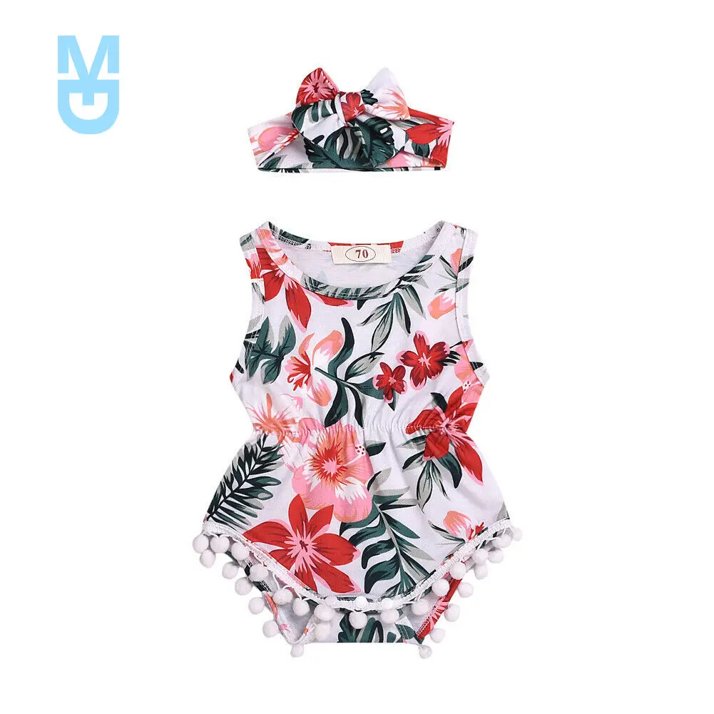 

New Summer Infant Kid Baby Girl Sleeveless Bodysuit Jumpsuit Headband Outfit Casual Clothes 2PCS