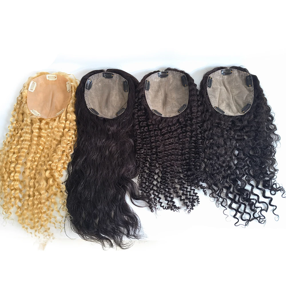 Russian Human Hair Toppers Free Part Silk Base 15x16cm Curly Clip in Topper Hairpiece for Thinning Hair Wavy 12-20inch