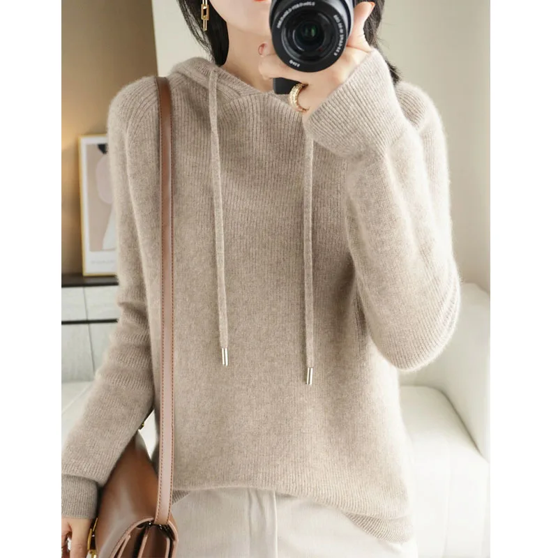 

Осенне-зимний кашемировый свитер с капюшоном, Женский пуловер, свободная толстовка из 100% чистой шерсти, тонкая вязаная ткань для ленивых да...