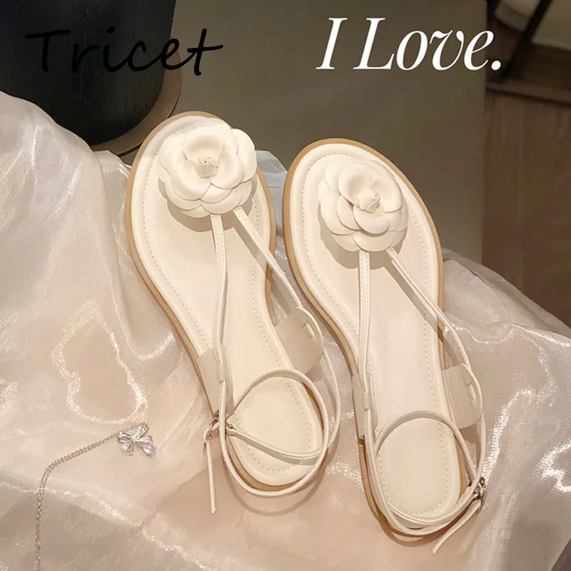 

Summer Sandals Women 2022 Flowers Solid PU Leather Women's Flip Flop Sandal Beach Soft Sole Footwear Elegant Ladies Flats Shoes