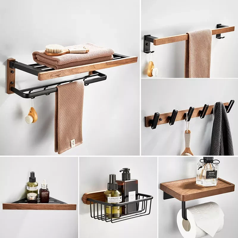 

NEW Walnut Wood Black Bathroom Hardware Set Towel Rack Toilet Paper Holder Towel Bar Robe Hook Shelf Bathroom Accessories
