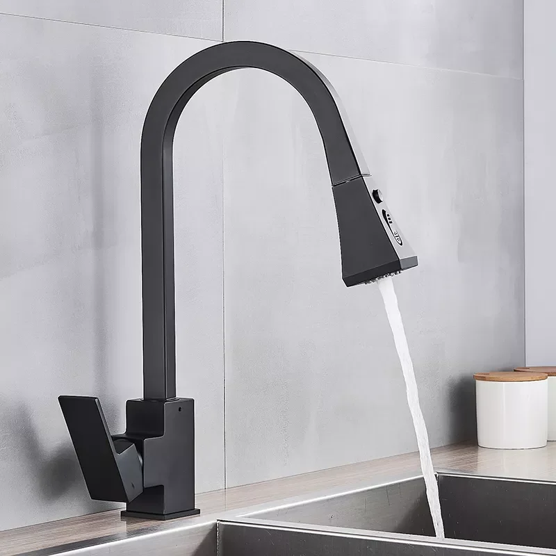 

Black Square Pull Out Kitchen Faucet Single Lever Hot Cold 360 Rotation Mixer Tap Basin Water Crane Tap For Kitchen