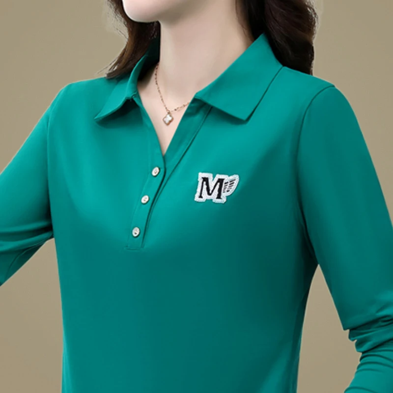 

Женская хлопковая футболка на пуговицах, однотонная Повседневная футболка с отложным воротником и длинным рукавом, весна-осень 2023