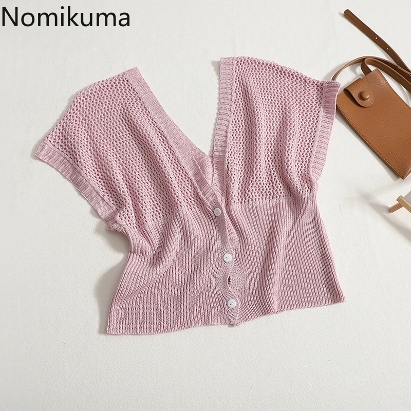 

Топы Nomikuma женские летние без рукавов однотонные ажурные простые вязаные модные повседневные футболки для женщин