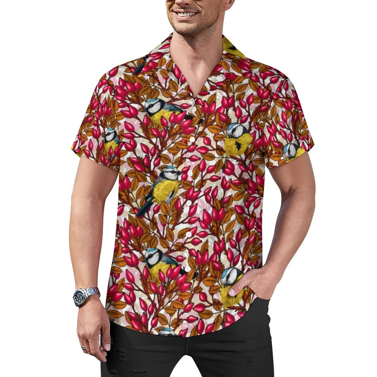 

Повседневные рубашки с симпатичными птицами, Пляжная рубашка с собакой, розой и бедрами, Гавайские модные блузки, Мужская графика, размеры 3XL, 4XL