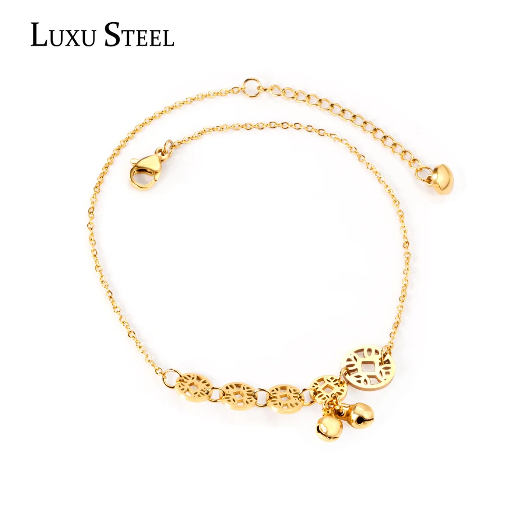 

LUXUSTEEL Trendy Style Gold Color Round Chain Accessories Two Bell Bracelets Foot Stainless Steel Summer Anklets Party Gift