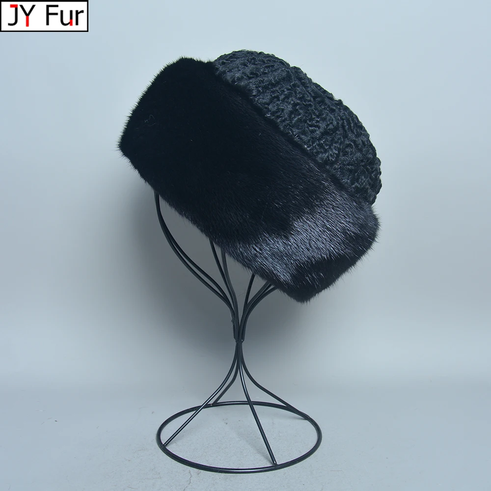 Real Genuine Mink With Wool Hat Winter Russian Men's Warm Caps Whole Piece Mink Sheep Fur Hats Man Casual Outdoor Mink Hat