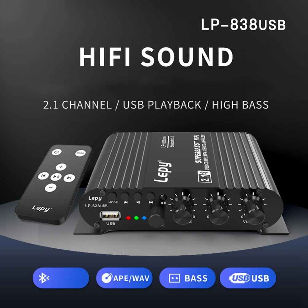Фото LEPY 838 USB Bluetooth усилитель сабвуфера HIFI 2,1 12 В автомобильный домашний усилитель U диск без потерь подходит для динамиков 4-8 Ом-T44C №3