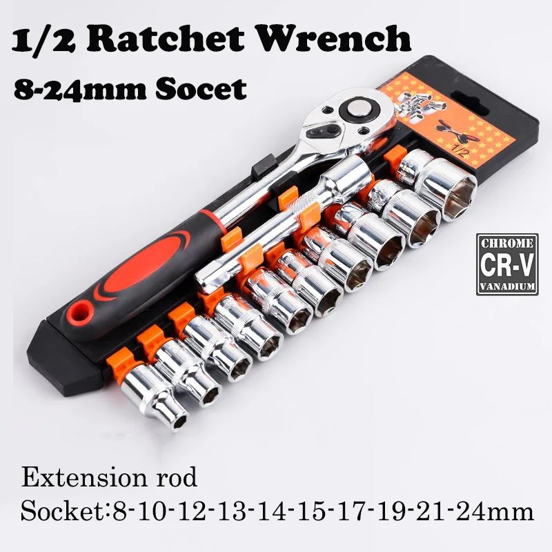 

12pcs 1/2" Socket Drive Ratchet Wrench Set Cr-V Spanner Common Sockets For Bicycle Motorcycle Car Repairing Multi-Function Tools