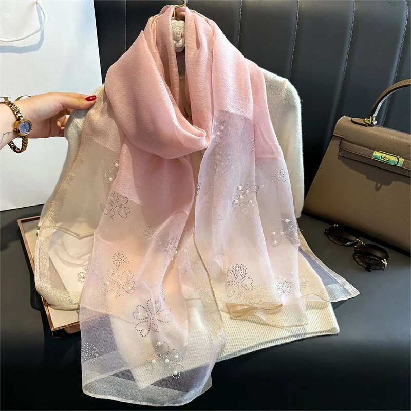 Роскошный блестящий кружевной шарф шелковый женский хиджаб мягкие шерстяные