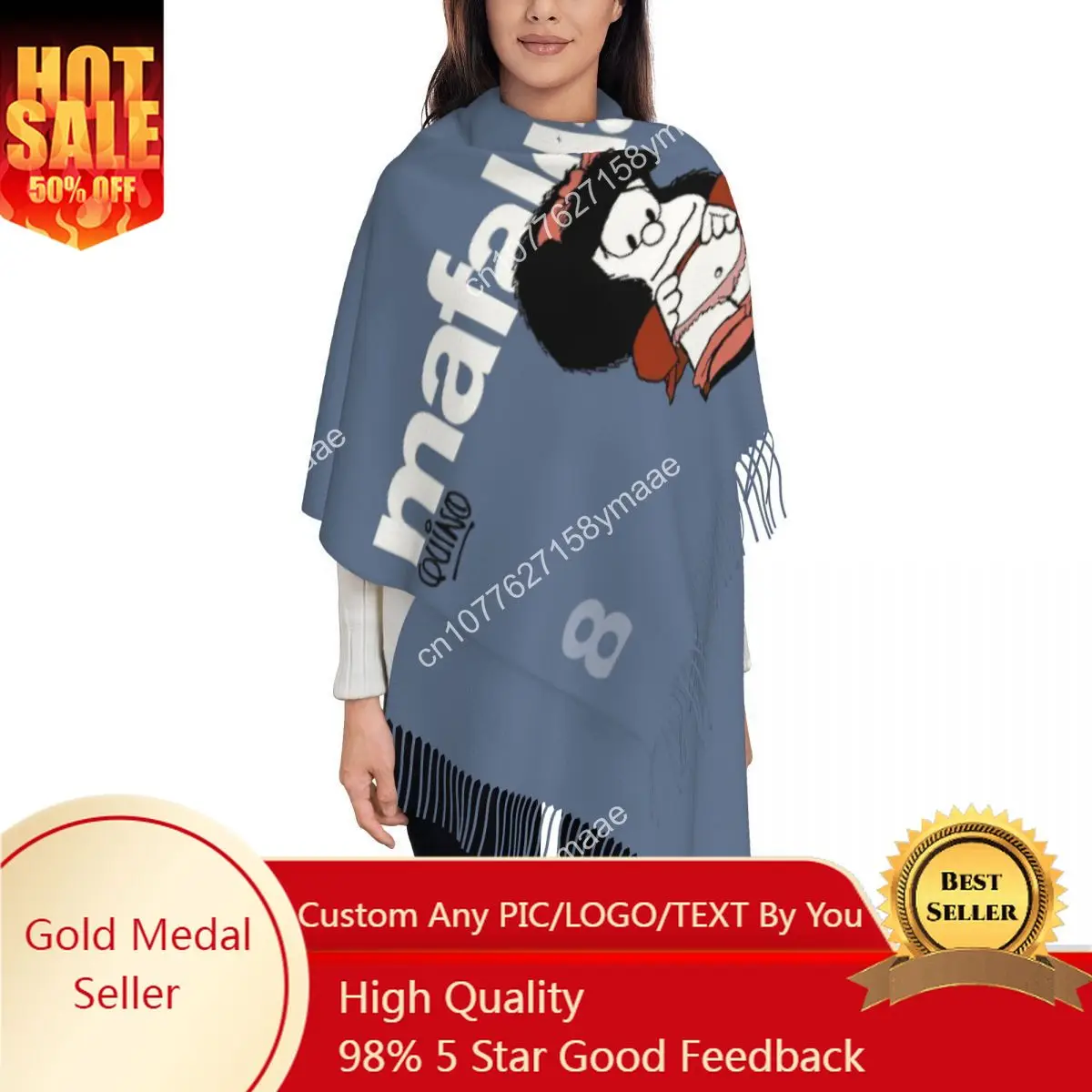 

Kawaii Mafalda Scarf for Womens Fall Winter Shawls and Wrap Amine Cartoon Long Large Scarves with Tassel for Evening Dress