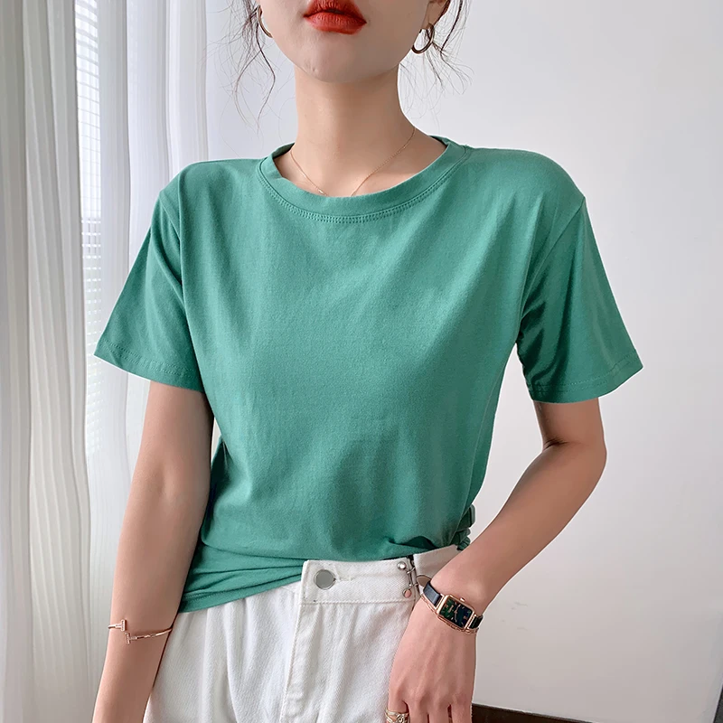 

Хлопковые однотонные топы с круглым вырезом, футболки, женские свободные летние черные футболки с коротким рукавом, повседневная женская ф...