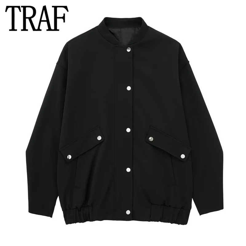 

TRAF 2023 Black Bomber Jacket Women Autumn Oversize Jacket Woman Fashion Zip Up Long Sleeve Streetwear New In Women's Jackets