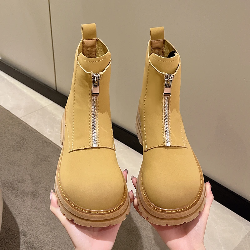 High Heel Nude Boots Ladies New British Women's Boots Retro Fashion Yellow Round Toe Front Zipper Thick Sole 2022