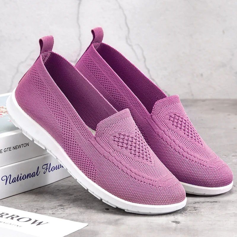 Simple Women Shoes Solid Color Knitting Ladies Flats Shoes Spring Autumn Pink Breathable Comfortable Rubber Sole Loafer Shoes