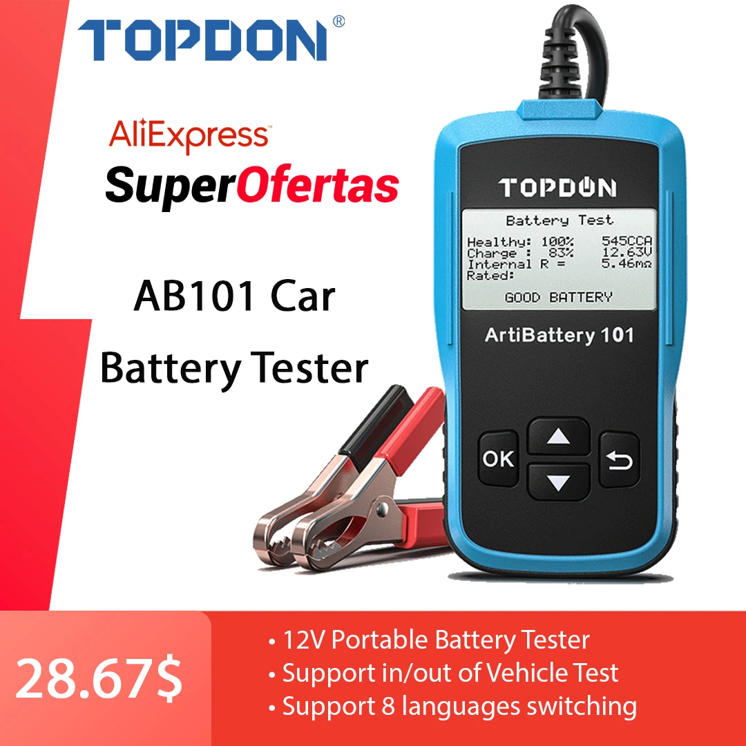 

TOPDON AB101 Car Battery Tester 12V Voltage Battery Test Automotive Charger Analyzer 2000CCA Car Cranking Charging Circut Tester
