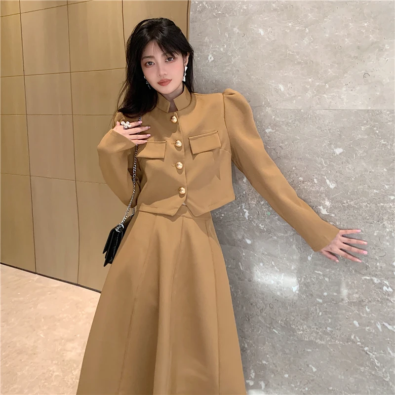 

Модный стильный костюм UNXX из 2 предметов, Осень-зима 2023, новый французский блейзер с рукавами-фонариками, юбка миди с высокой талией, комплект