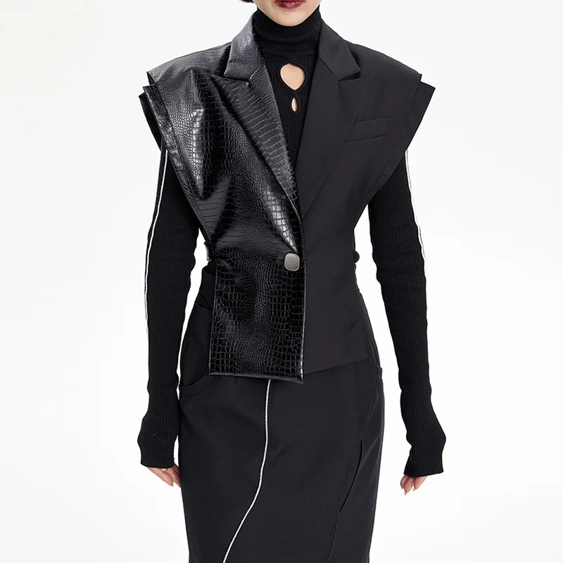 

Crocodile Leather Women Suit Vest Top Designer Patchwork Slim Fit Waistcoat One Button Black Cool Girl Coat In Stock