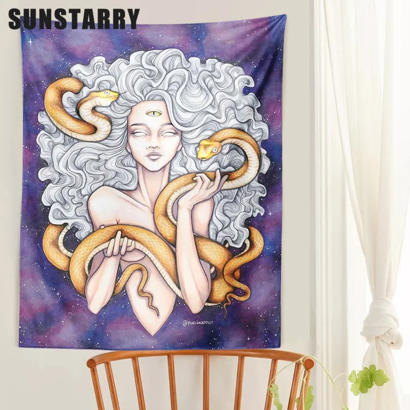 

Starry Sky Girl Tapestry Boho Wall Hanging Moon Snake Magic Hand Tapestries Bedroom Decor Bedspread Cover Wall Decor Poster