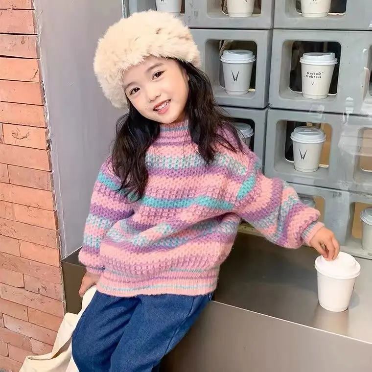 

New Girls' Striped Sweater Autumn and Winter Thickening Baby Girls' Knitted Pullover Children's Color Stripes Bottoming Shirt