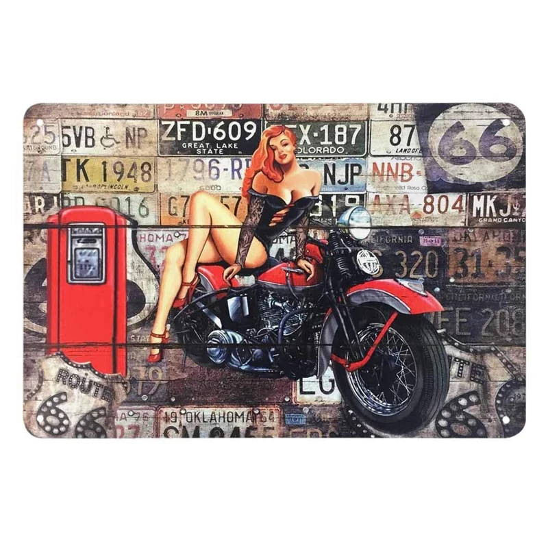 

Pink Up Motorcycle Girl Tin Sign Sexy Girl Near Gas Station Sit on Motor with License Plate Wall Vintage Metal Tin Signs Retro