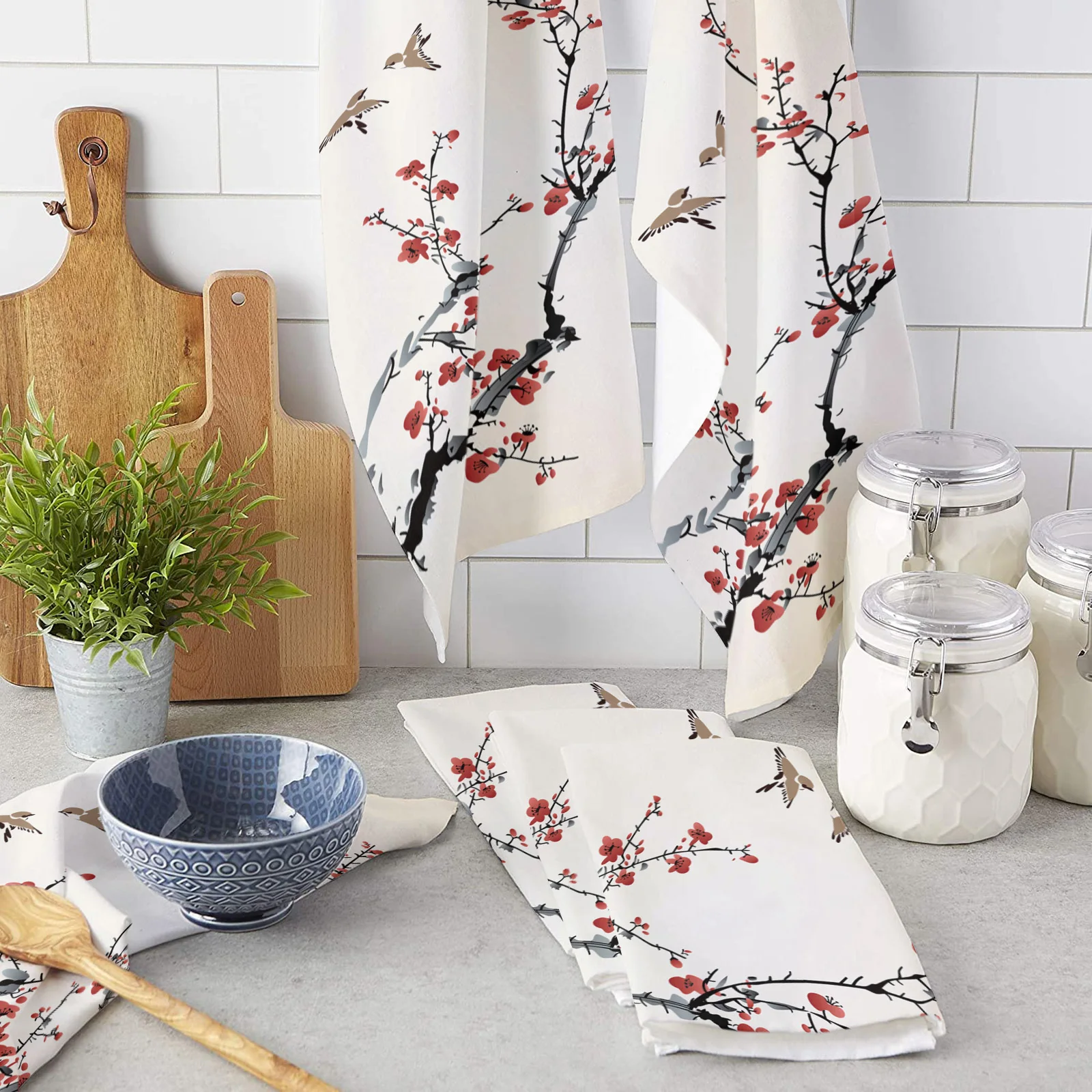 

Plum Blossom Branches Ink Style Microfiber Kitchen Hand Towel Dish Cloth Tableware Household Cleaning Towel Utensils for Kitchen