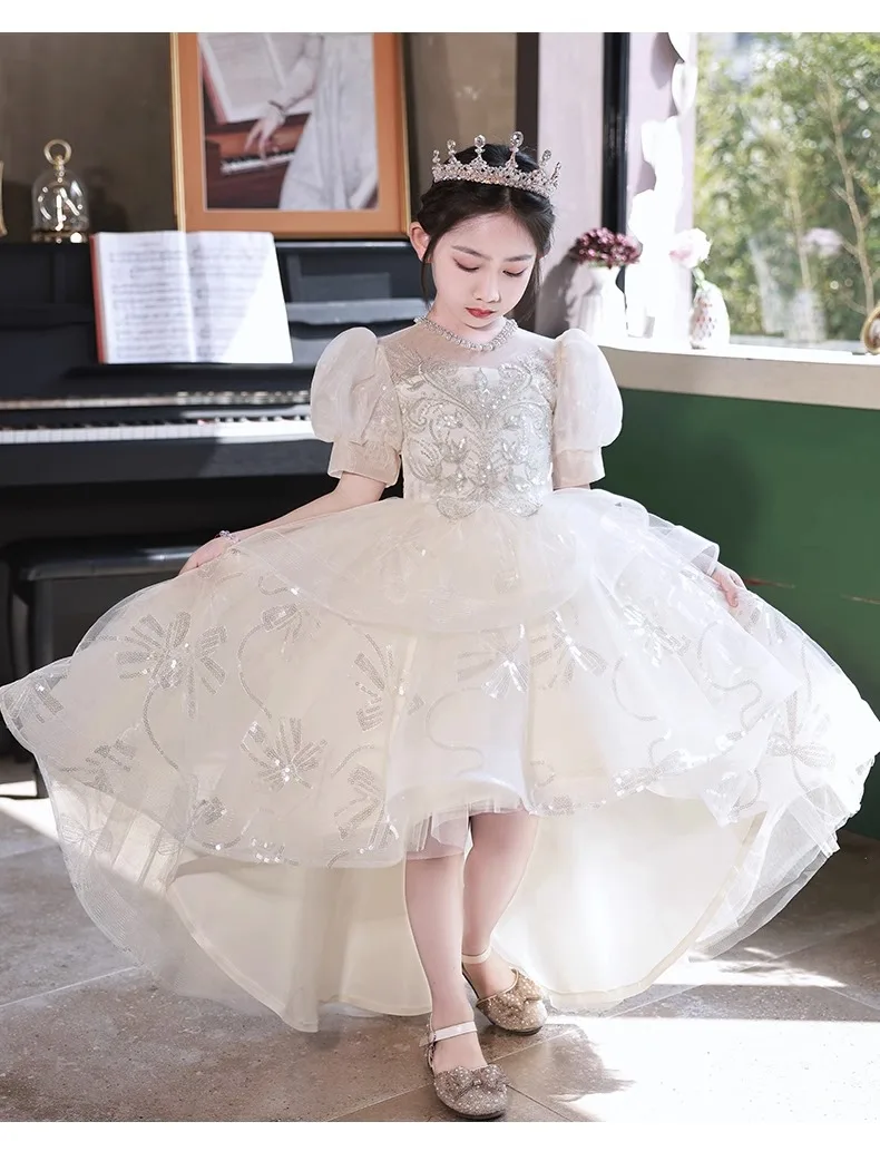 

JICUSYAN Beige Dress Summer Spring New Fashion Design WOmen Runway Sequined Mesh Ruffles Party