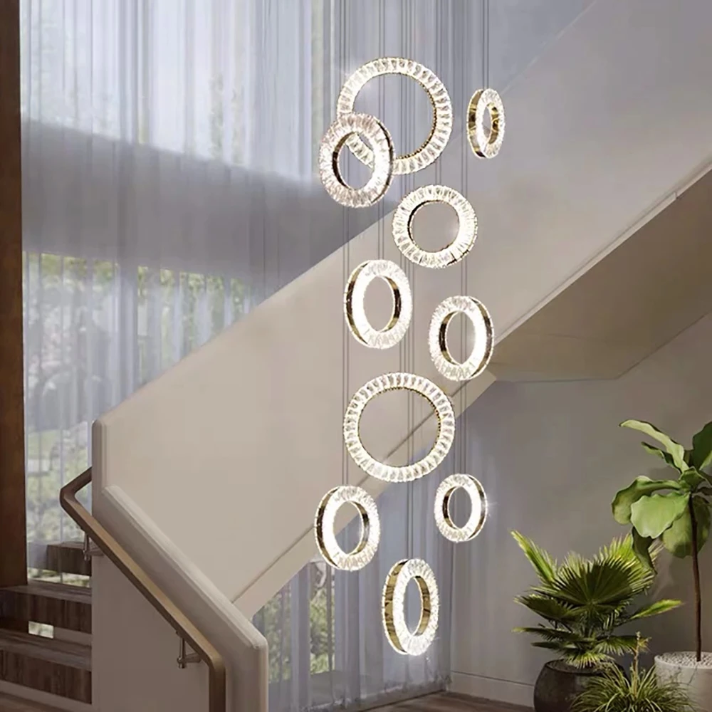 

Luxury Gold Silver Led Chandelier Crystal Ceiling Lamp Staircase Home Decor Indoor Long Ring Dining Room Kitchen Light Fixture