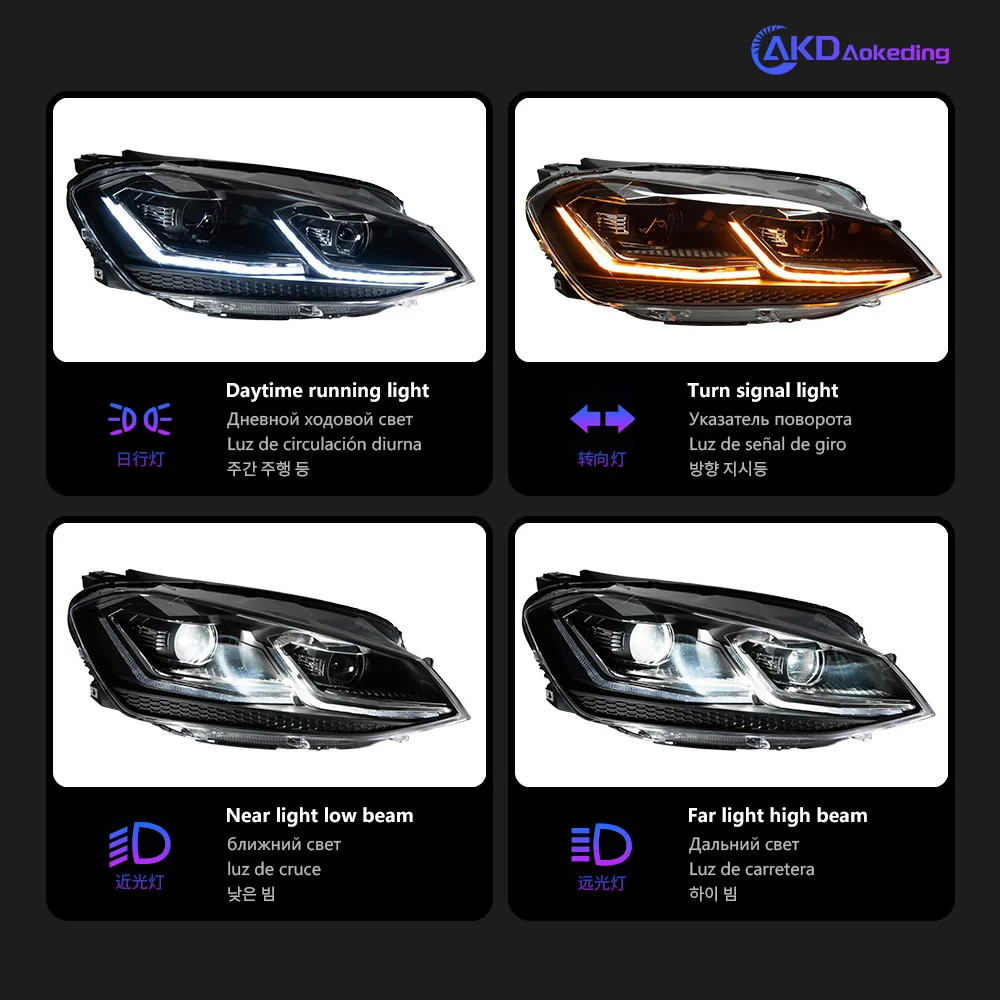 Фото Фара AKD для Golf 7 MK7 GTI, светодиодная фара 2013-2017, фары Golf 7 MK7 GTI с ДХО, указателями поворота, дальним светом и проектором Angel Eye №4