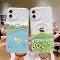 grassland natural scenery phone case for iphone 13 12 11 mini pro max transparent super magnetic magsafe cover