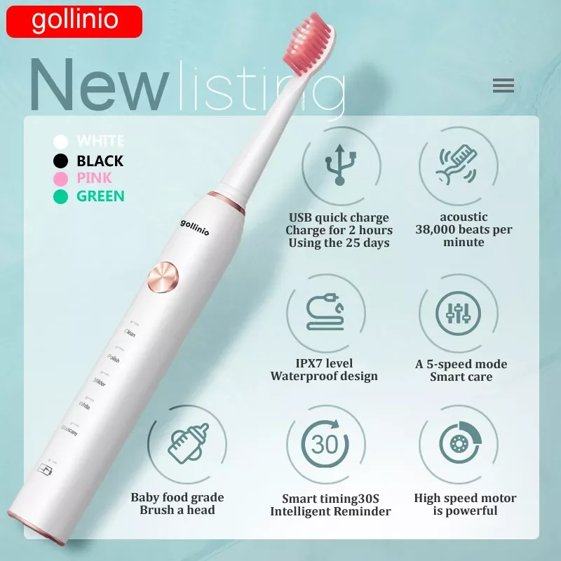 

gollinio Toothbrush electronic sonic electric toothbrush usb fast charging GL0941C adult case Rechargeable Replacement Head