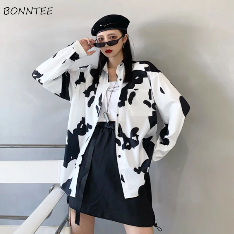 

Shirts Women Cow-print Harajuku Preppy Style Unisex Spring Ins Student Casual Chic Mujer Hipster Streetwear Ulzzang All-match