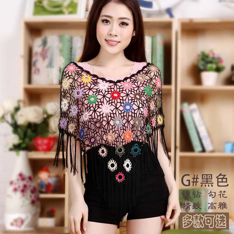 Шаль с кисточками пончо Пашмина вязаная крючком кружевная накидка для защиты от