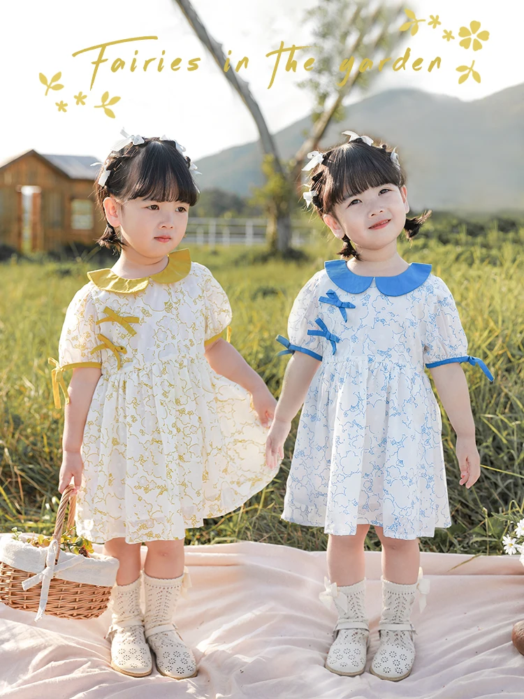 

Girls Cute Dress Chinese Style Slanted Lapel Contrast Color Doll Collar Baby Summer New Bow Dress