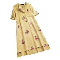 yellow dress 2022 spring summer short sleeve cotton linen dress floral embroidery large size casual loose midi vestidos femme