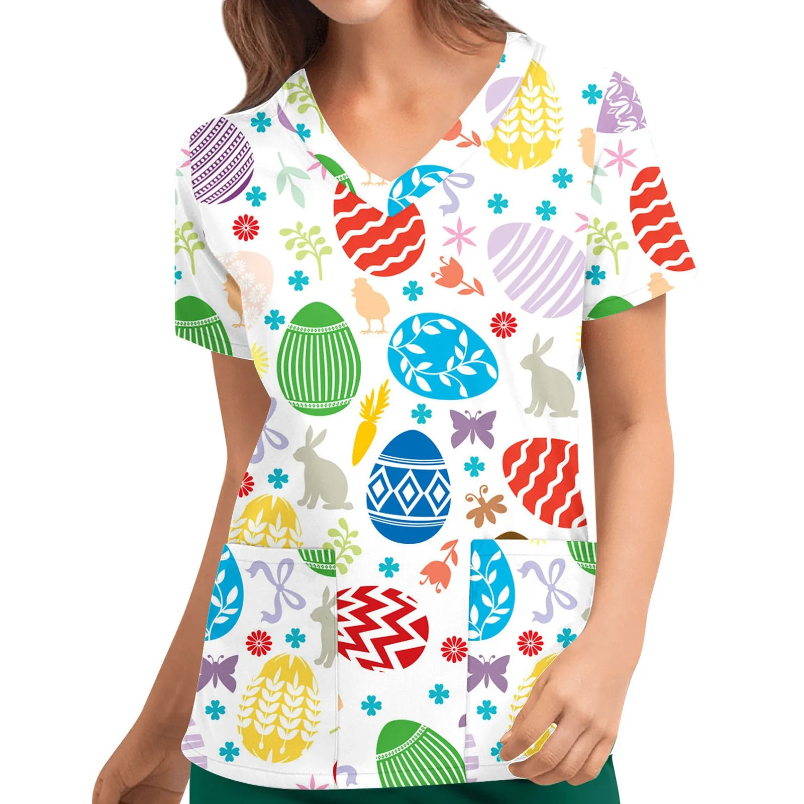 

Easter Festival Scrubs Uniforms Rabbit Egg Print V Neck Women Work Uniform Care Tops Short Sleeve Pocket Caring Blouse Workwear