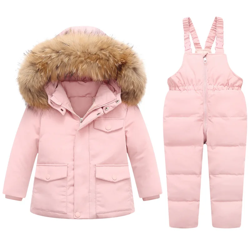 Toddler Girls Snow Suits Hooded Fur Baby Boy Winter Sets Down Ski Children's Tracksuit Outdoor Warm Kids Outfits Clothes TZ515