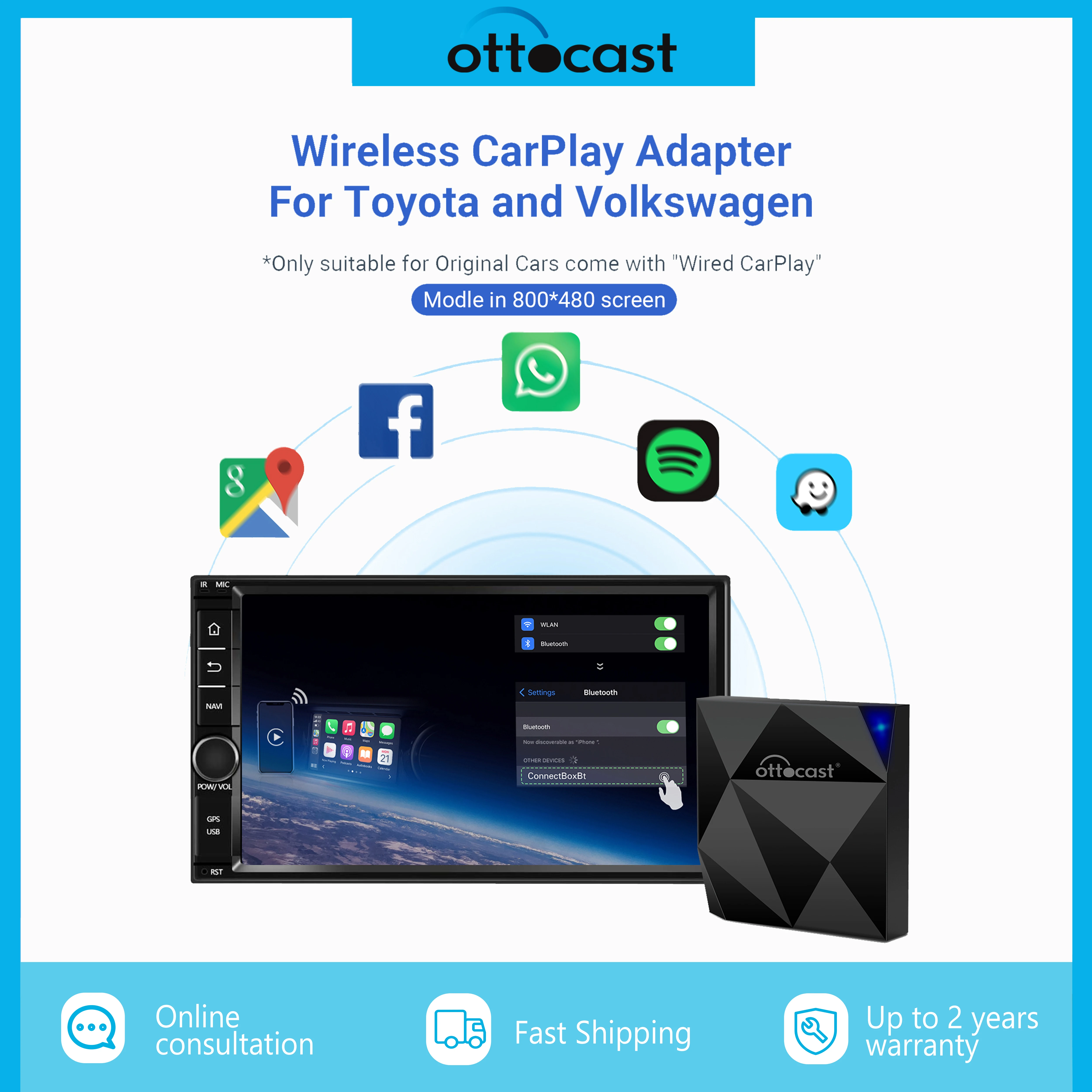 

U2-Air Test Wireless CarPlay Dongle Apater For VW&Toyota 800*480 touch Screen on OEM cars come with wired CarPlay via USB dongle