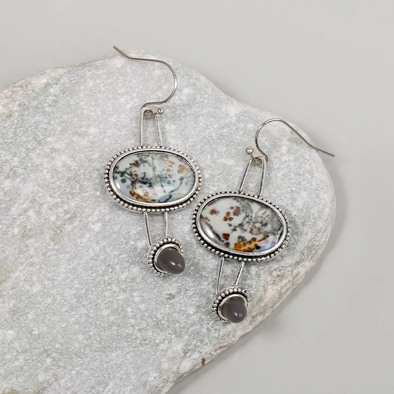 

Vintage Earrings Fashion Silver Gray Color Zinc Alloy Inlaid Moonstone Drop Earrings for Women Jewelry
