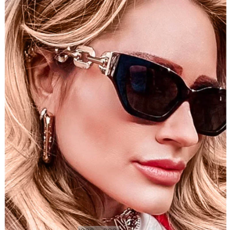 

2022 New Fashion Brand Designer Cat Eye Sunglasses Women Hip Hop Steampunk Sun Glasses Cateye Vintage Female Gold CHAIN Points