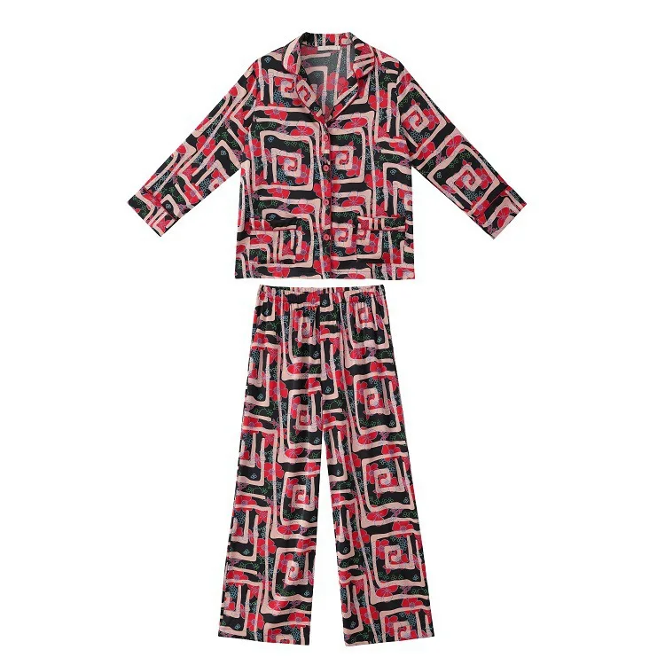 Long Sleeve Pajamas Women's Ice Silk 2022 New Fashion Print Homewear two piece set summer pajamas