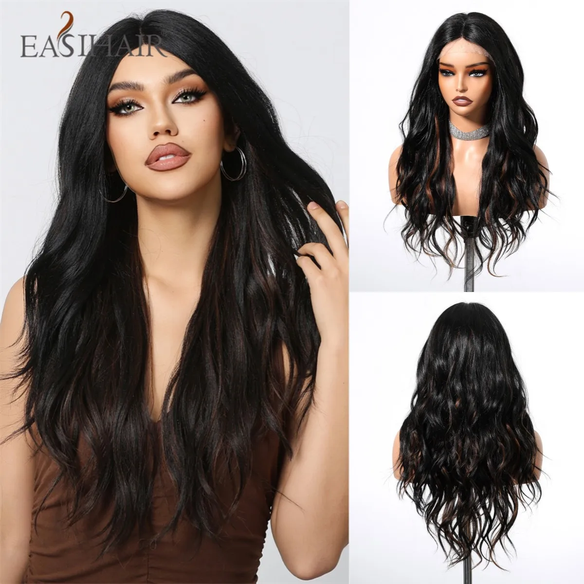 Длинный Волнистый Синтетический Парик Фронта Шнурка Для Женщин | Коричневая