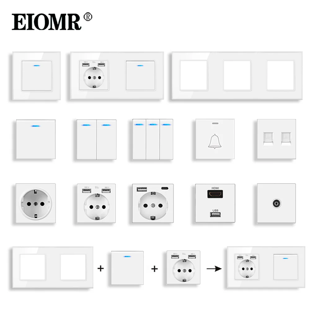 

Настенный выключатель EIOMR с белой прозрачной стеклянной панелью, розетка европейского стандарта, одинарная и Двойная Рама, часть настенной ...