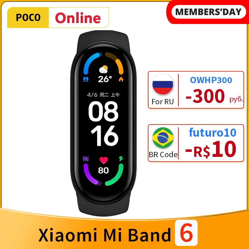 Умный Браслет Xiaomi Mi Band 6 водонепроницаемый фитнес-трекер с кислородом в крови 5