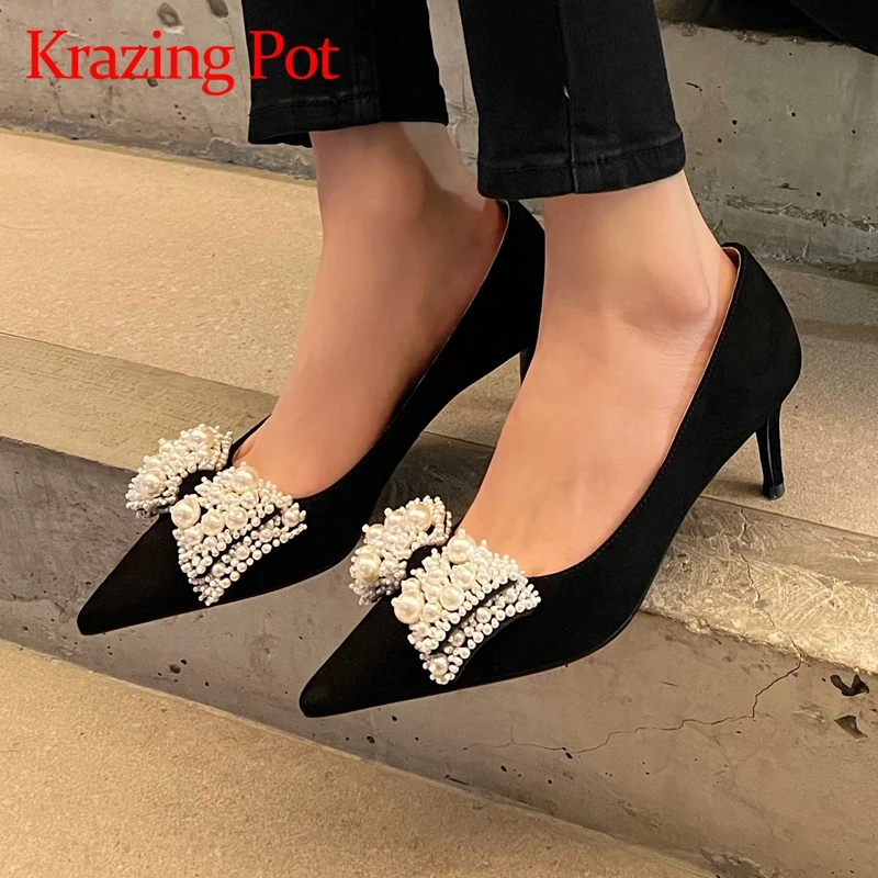 

Krazing pot natural leather pointed toe stiletto high heels pearl butterfly-knot French romantic mature elegant women pumps L60
