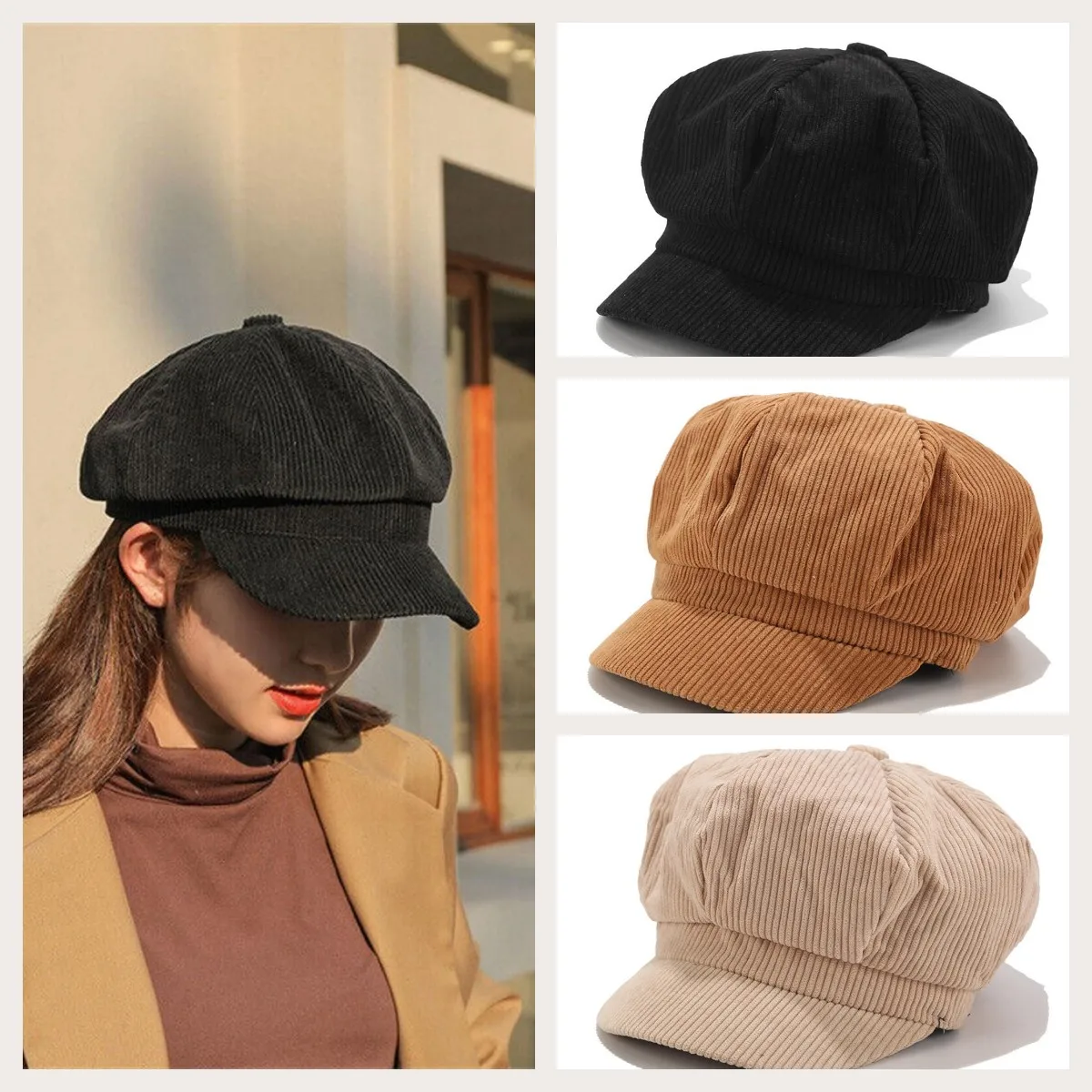 

New Autumn And Winter Adjustable Soft Winter Warm Corduroy Ladies Womens Girls Baker Boy Peaked Cap Newsboy Hat Women Warm Caps