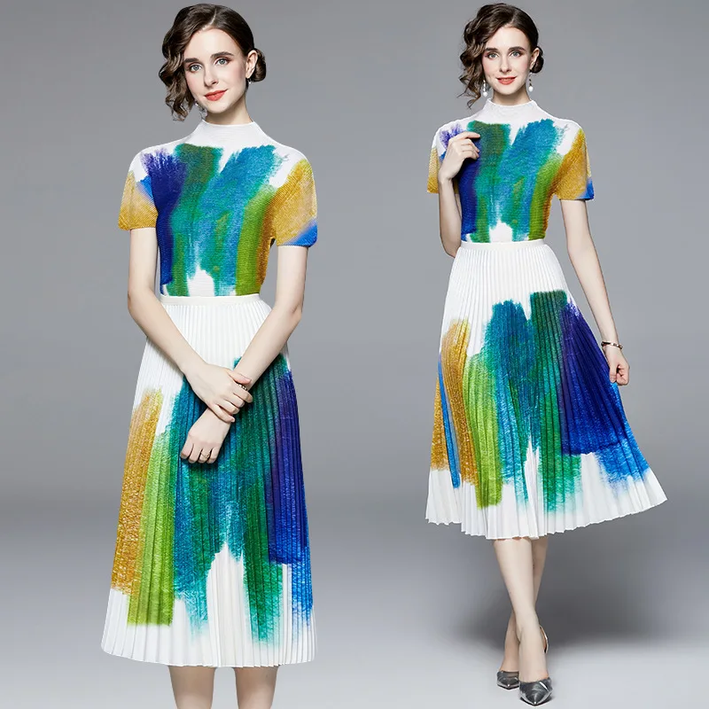 

Miyake Pleated Suit Women 2022 Summer Gradient Color Printed Loose Top Women's High Waist Two-Piece Overskirt Suit Skirt Sets